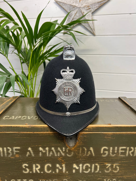 Obsolete British Police Bobby Helmet Coxcomb With Sussex Police Collector Badge