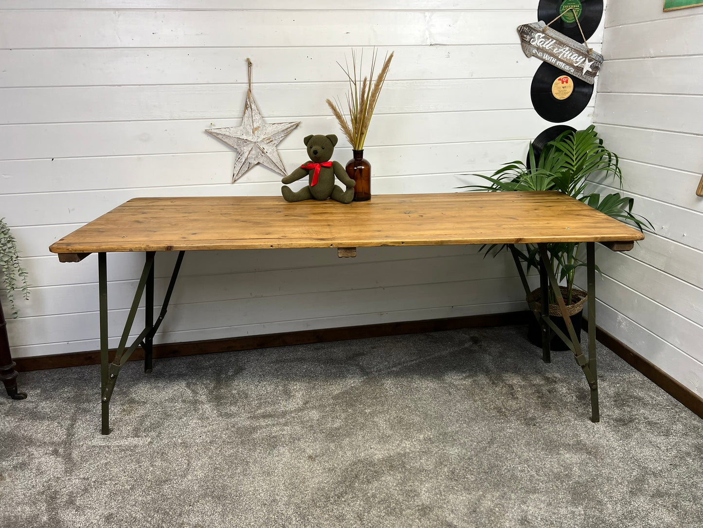 Vintage Wooden Folding Trestle Table Rustic Industrial Farmhouse Dining Desk Catering Market