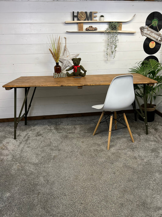 Vintage Wooden Folding Trestle Table Rustic Interior Reclaimed Waxed Farmhouse Dining Table