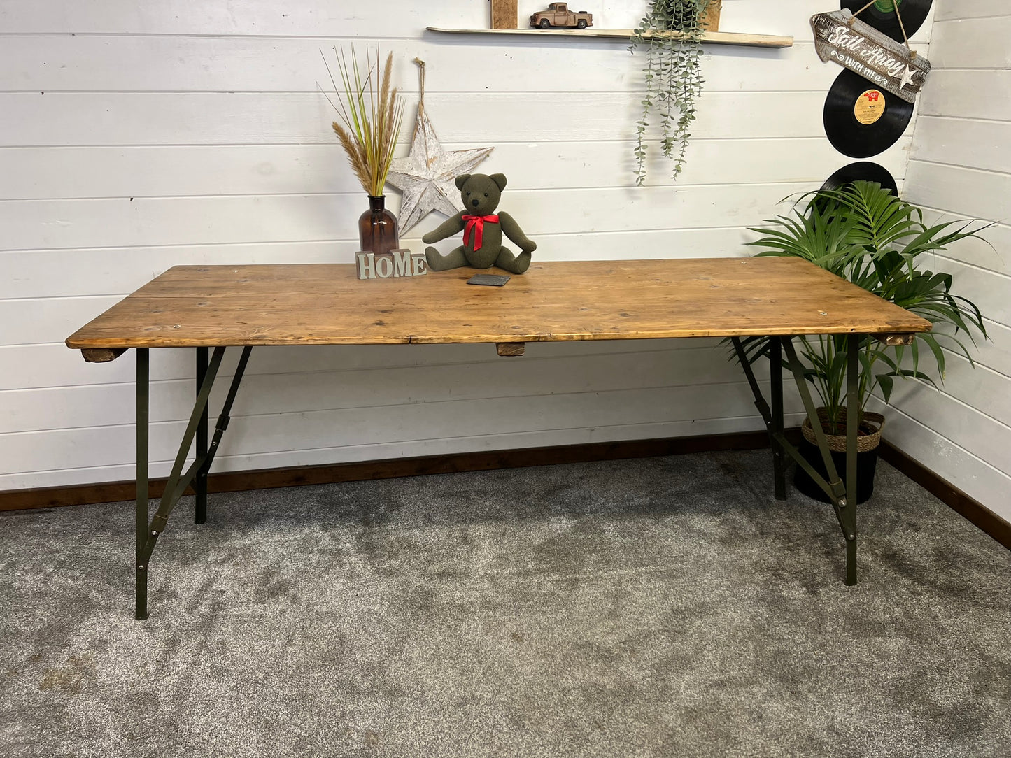 Vintage Wooden Folding Trestle Table Rustic Interior Reclaimed Waxed Farmhouse Dining Table