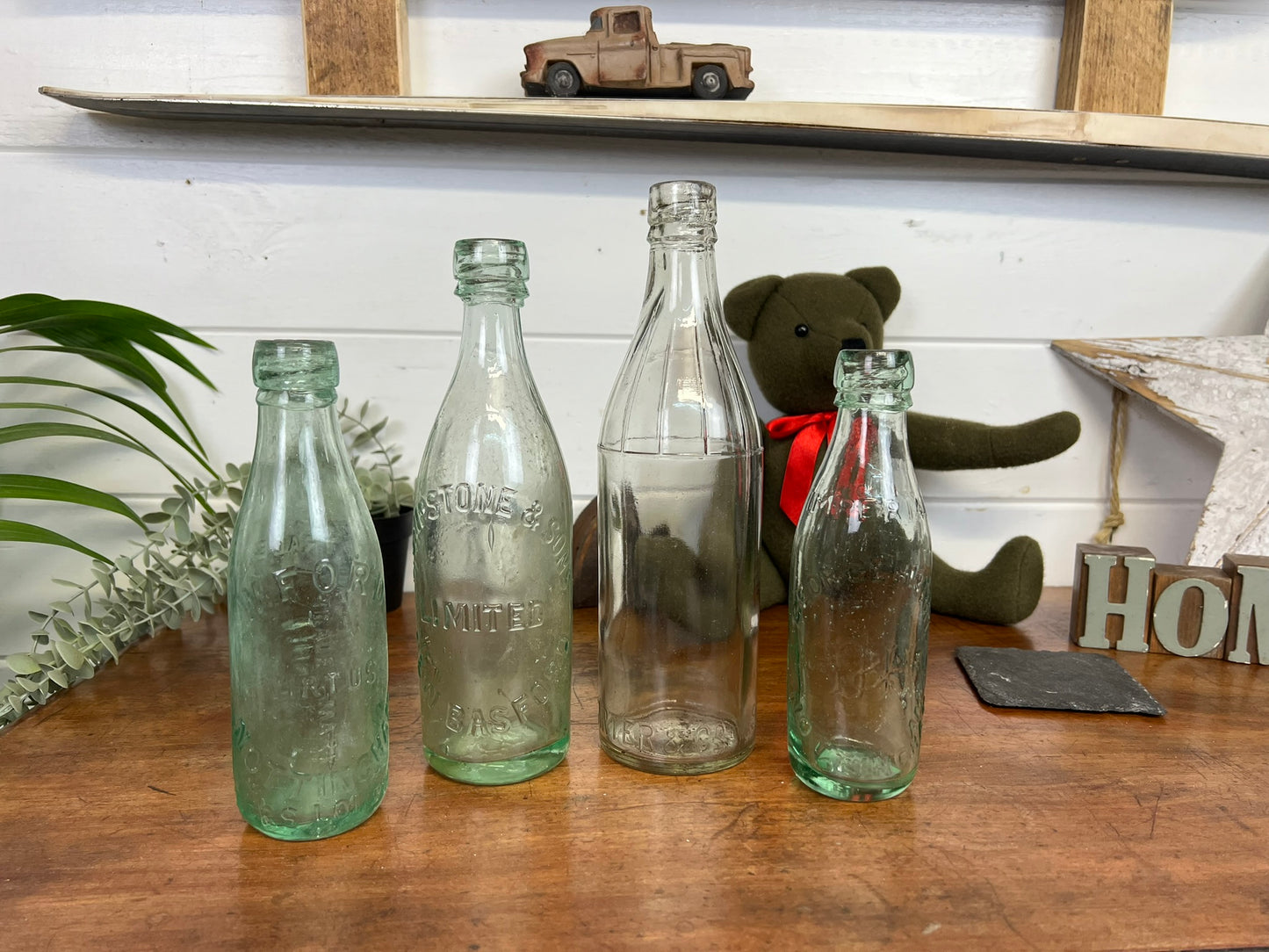 4x Vintage Clear Glass Bottles Home Decor Rustic Industrial Shelf Decor Display