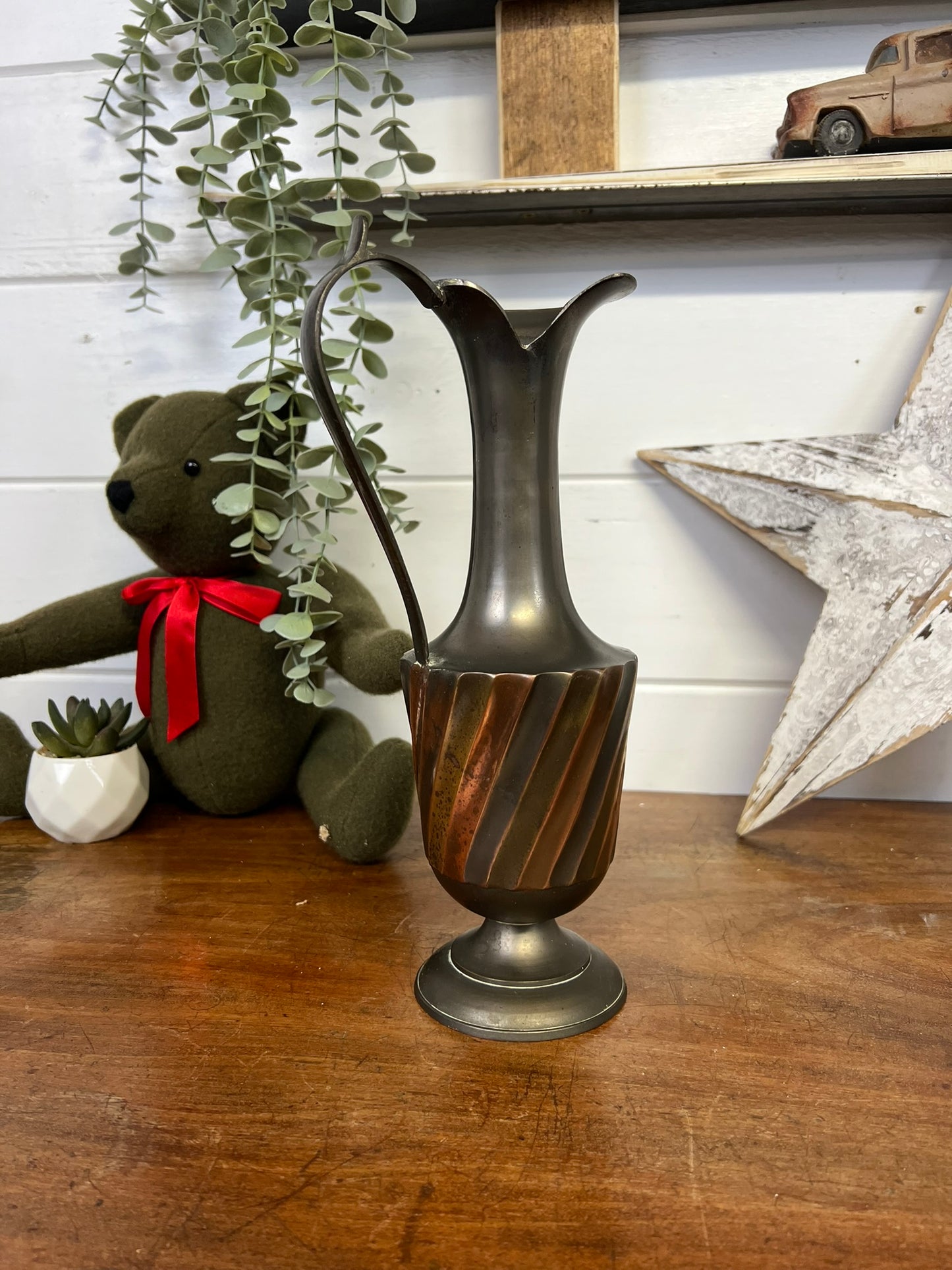 Vintage Handmade Brass Pitcher Vase Pewter Rustic Home Boho Decor