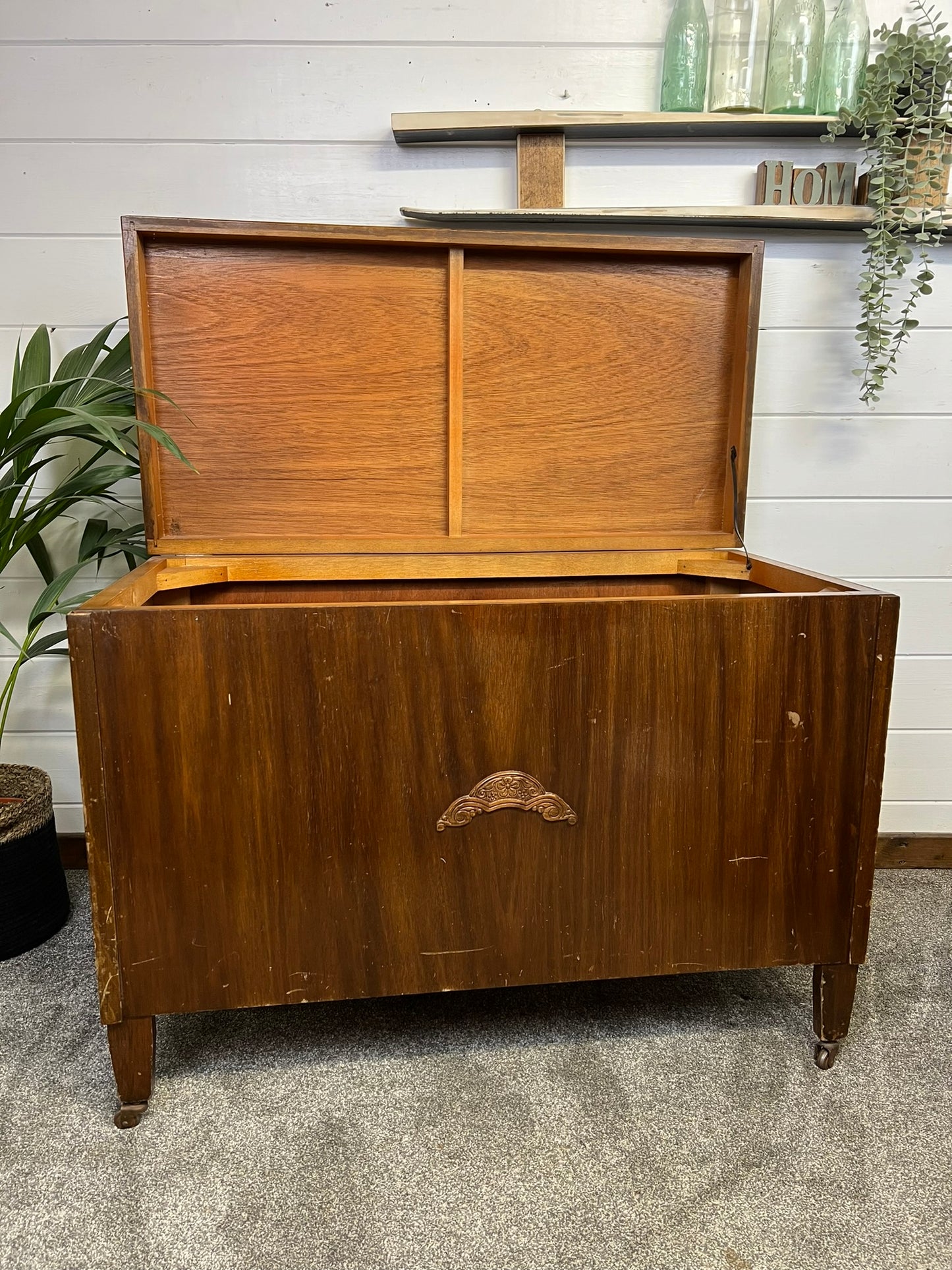 Large Antique Wooden Storage Blanket Chest Box Vintage Ottoman Art Deco