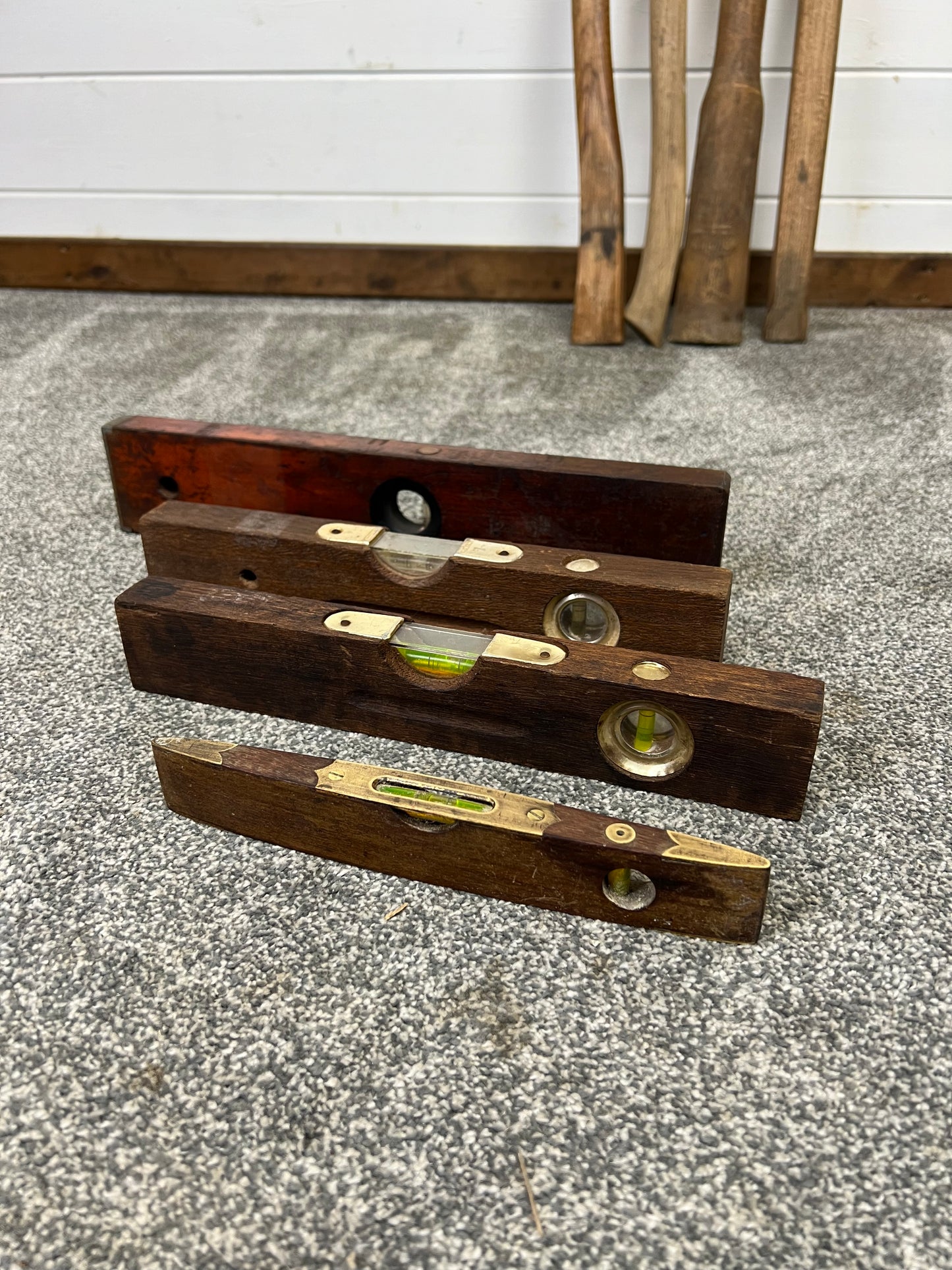 4x Vintage Wood & Brass Spirit Levels Job Lot Vintage Workshop Garage Tools