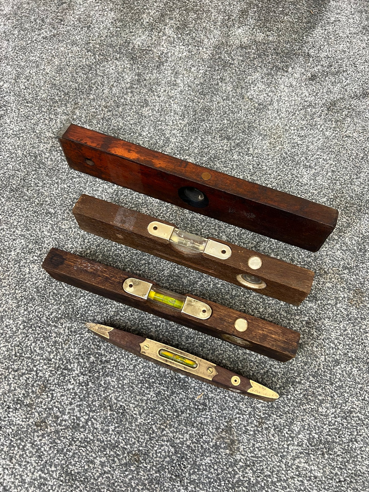 4x Vintage Wood & Brass Spirit Levels Job Lot Vintage Workshop Garage Tools