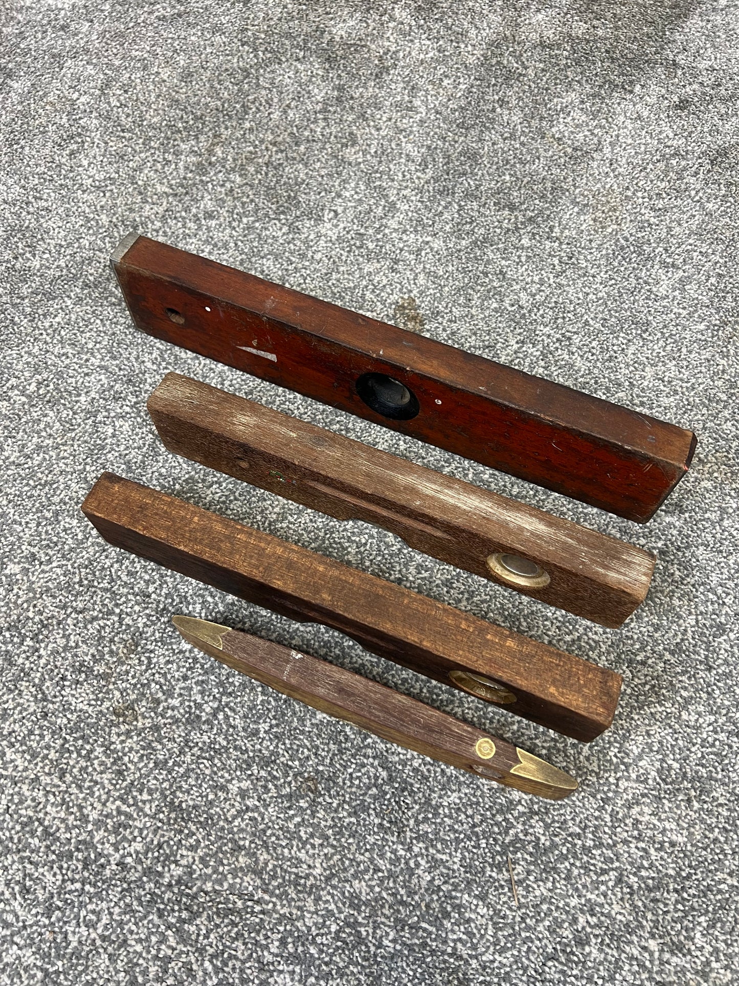 4x Vintage Wood & Brass Spirit Levels Job Lot Vintage Workshop Garage Tools