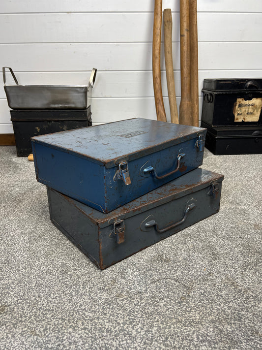 2x Vintage Metal Boxes By Talco Rustic Industrial Decor Display Toolbox Storage Box