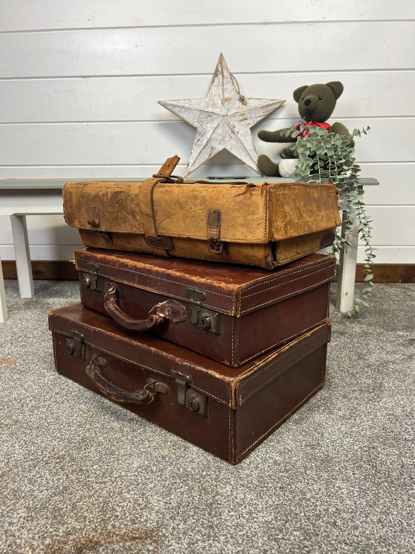3x Vintage Small Leather Suitcases Job Lot Rustic Alternative Home