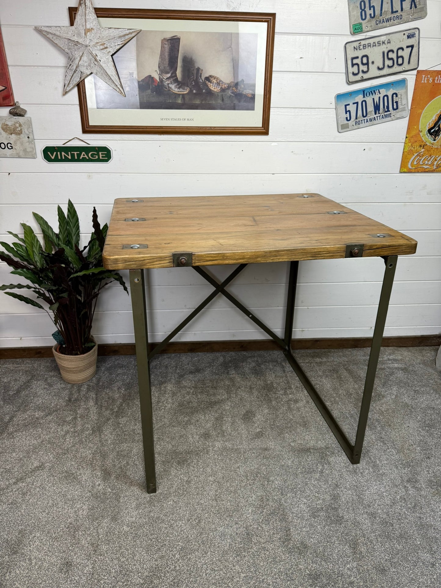 Vintage Rustic Industrial Square Table Reclaimed Metal Legs Workbench Console Island Table