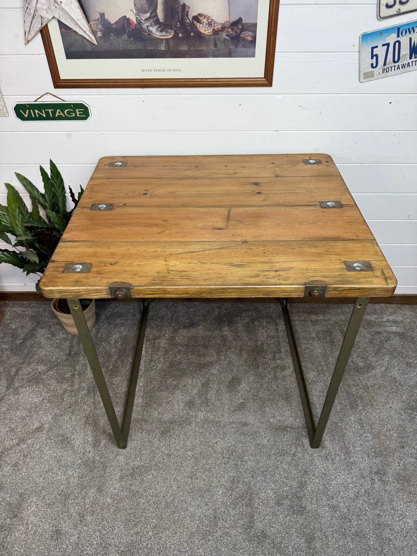 Vintage Rustic Industrial Square Table Reclaimed Metal Legs Workbench Console Island Table