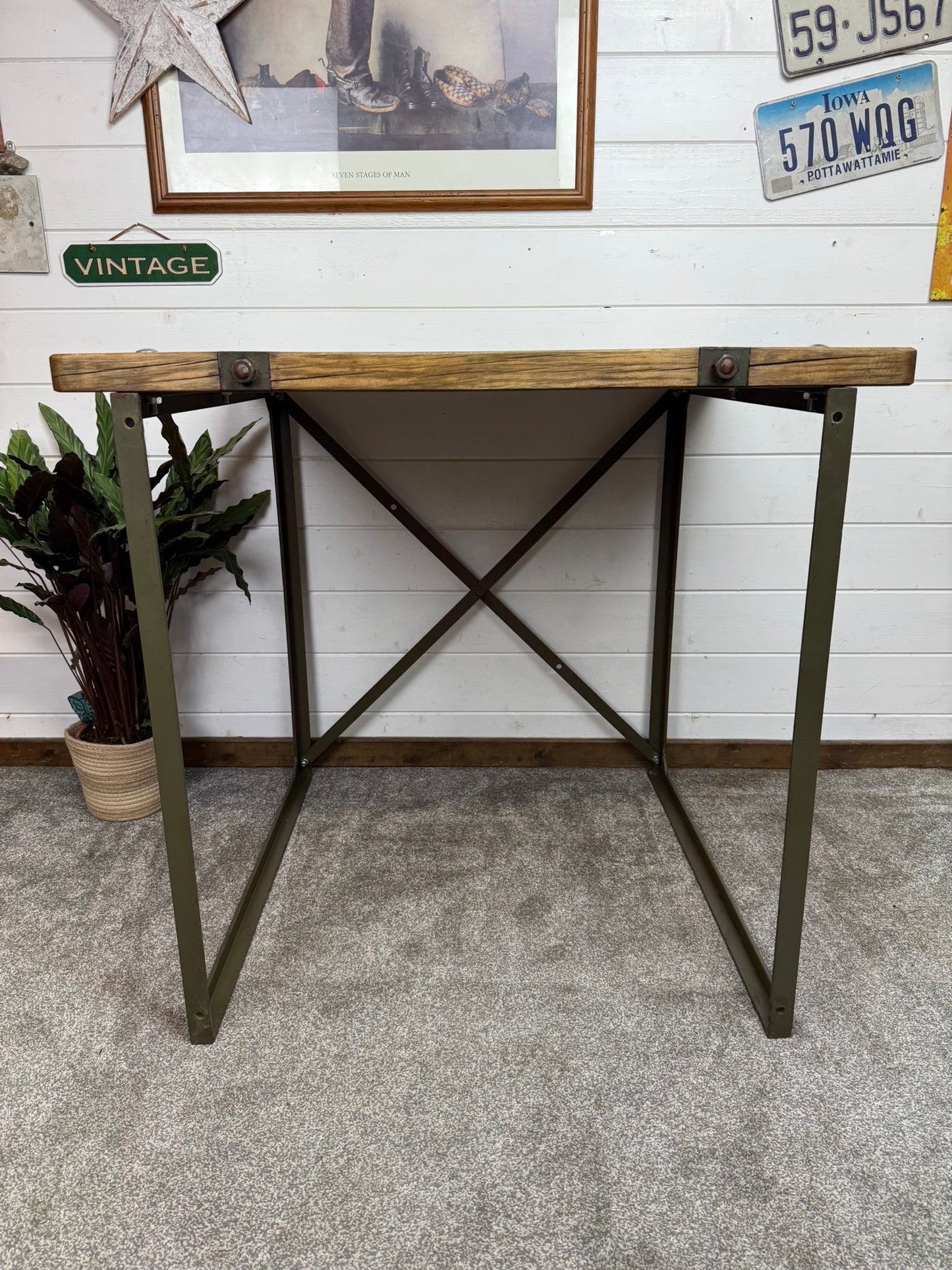 Vintage Rustic Industrial Square Table Reclaimed Metal Legs Workbench Console Island Table
