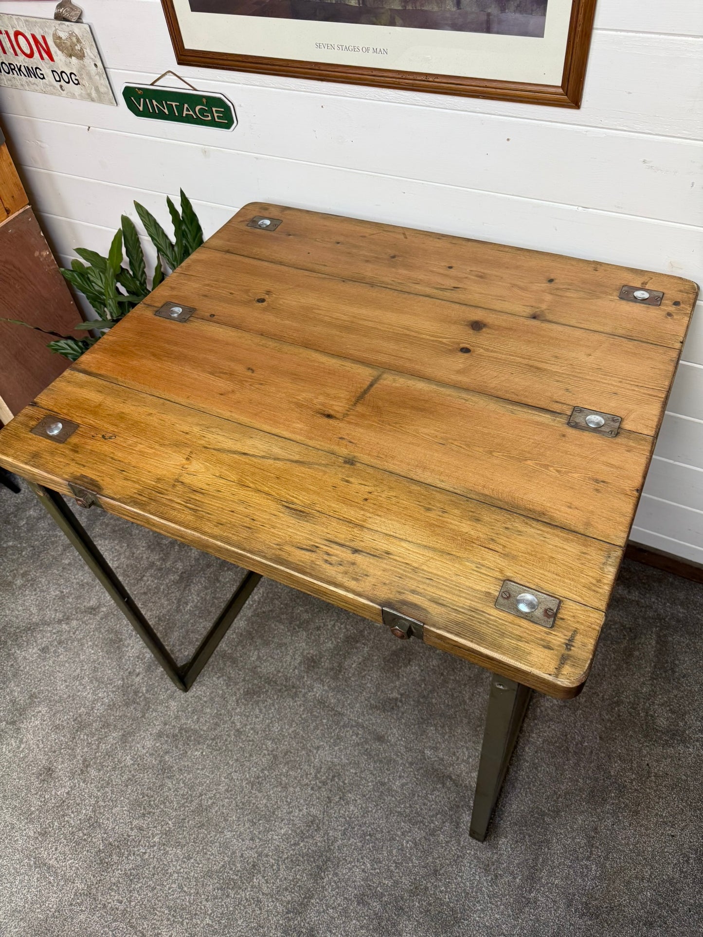 Vintage Rustic Industrial Square Table Reclaimed Metal Legs Workbench Console Island Table