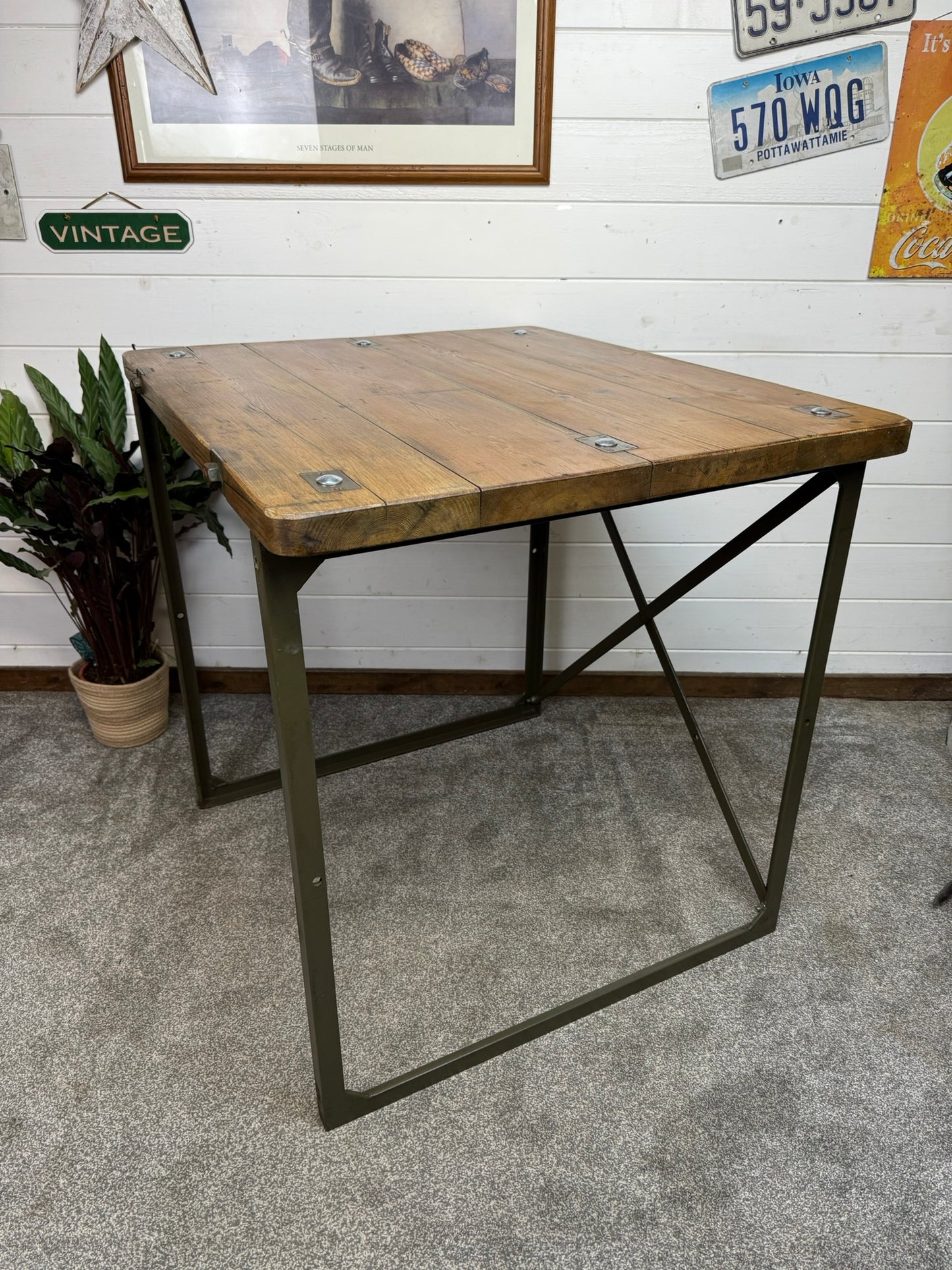 Vintage Rustic Industrial Square Table Reclaimed Metal Legs Workbench Console Island Table