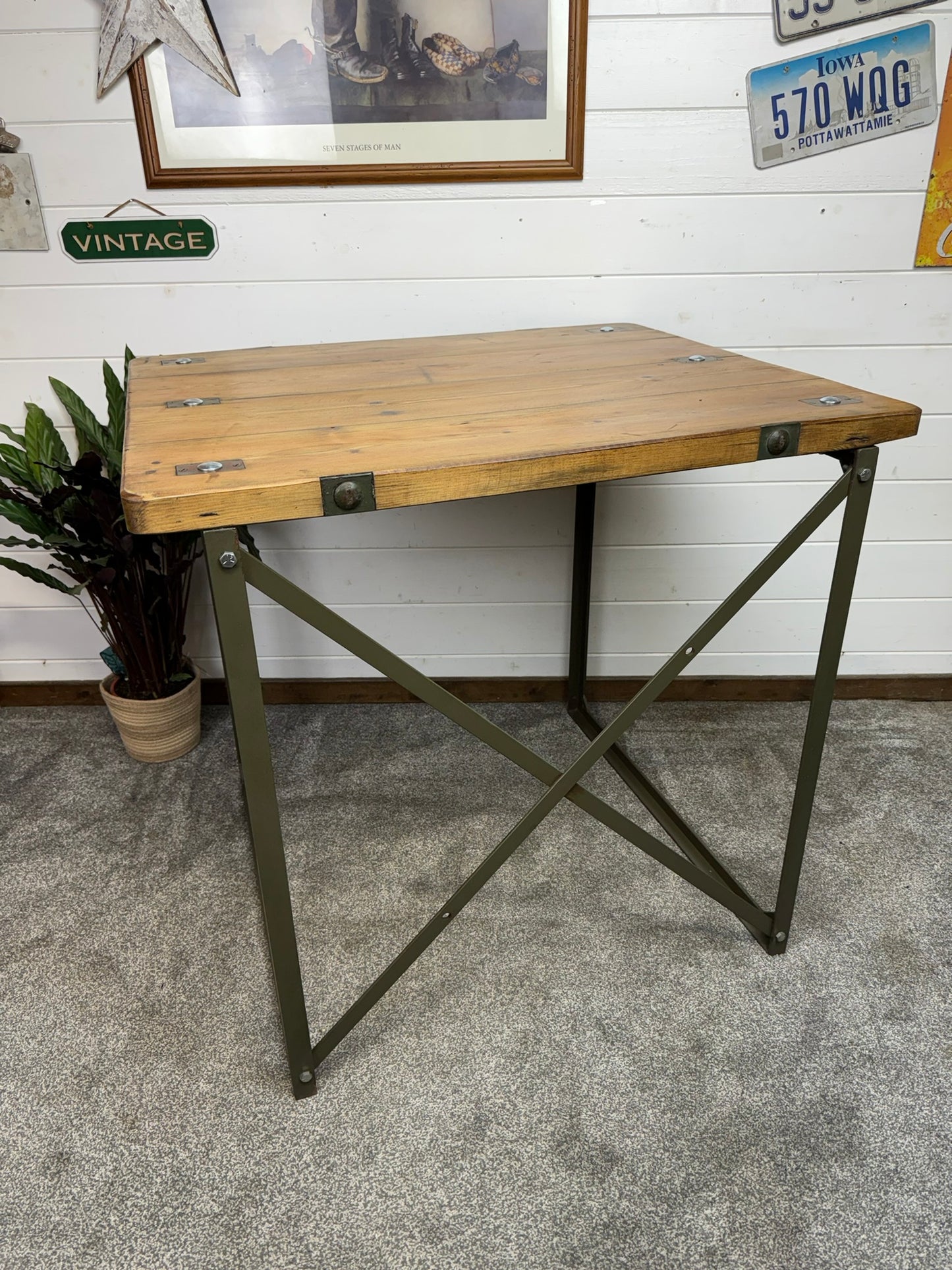 Vintage Rustic Industrial Square Table Reclaimed Metal Legs Workbench Console Island Table