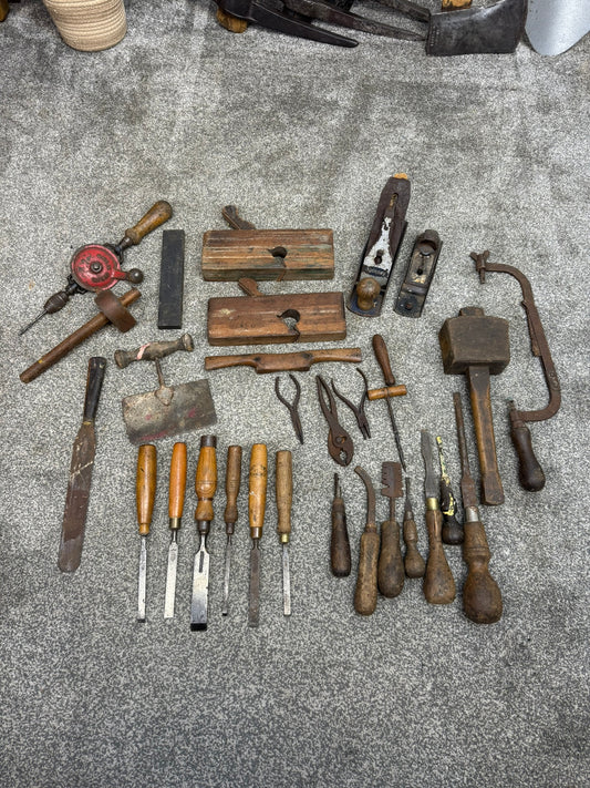 Vintage Woodwork Tool Job Lot Old Tools Chisels Mallet Planes Carpentry