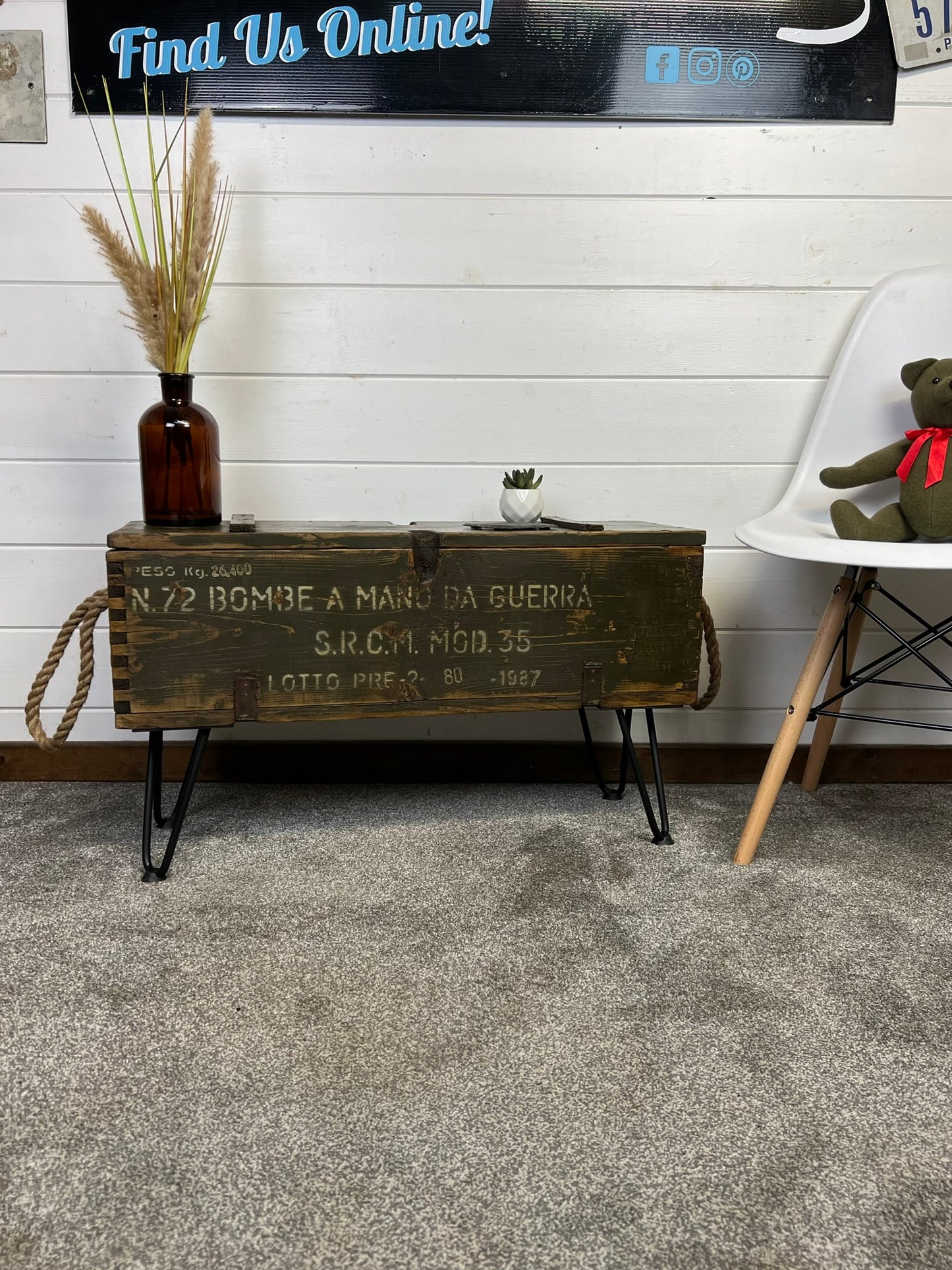 Vintage Rustic Wooden Box Table Reclaimed 1987 Chest Side Table Industrial Decor Coffee Table