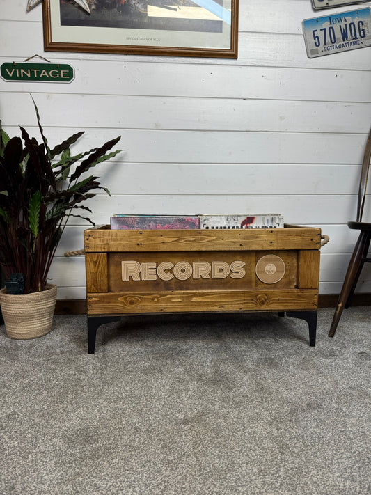 Wooden Vinyl Record Box Large Record Storage Crate Rustic Retro Reclaimed Home Decor Metal Legs