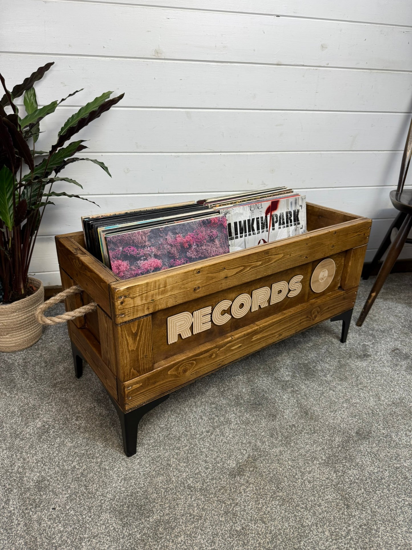Wooden Vinyl Record Box Large Record Storage Crate Rustic Retro Reclaimed Home Decor Metal Legs