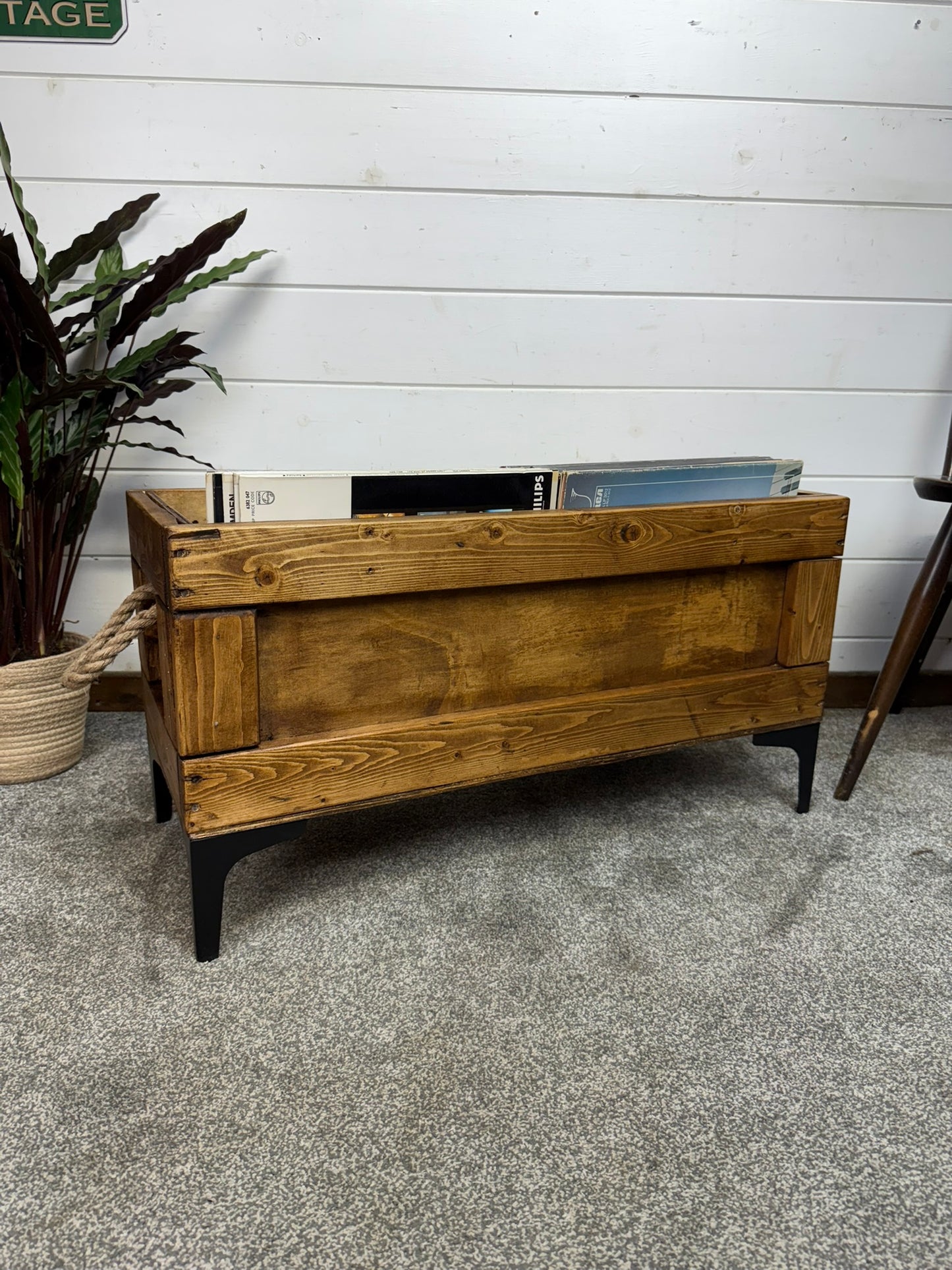 Wooden Vinyl Record Box Large Record Storage Crate Rustic Retro Reclaimed Home Decor Metal Legs