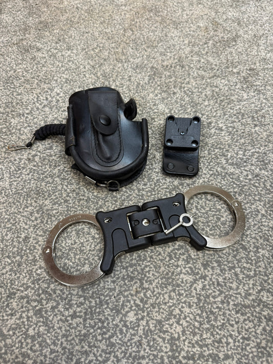 Ex Police Folding Hiatt Handcuffs Hinged Cuffs PSNI Leather Pouch & Key Security Collectible