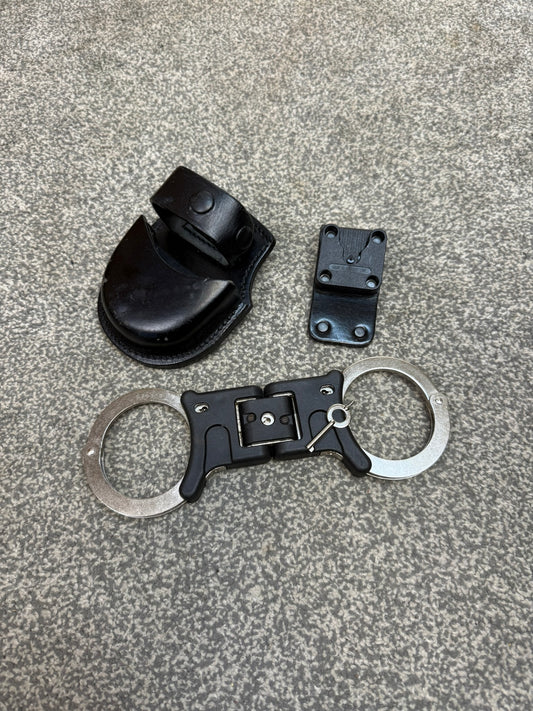 Ex Police Folding Hiatt Handcuffs Hinged Cuffs PSNI Leather Pouch & Key Security Collectible