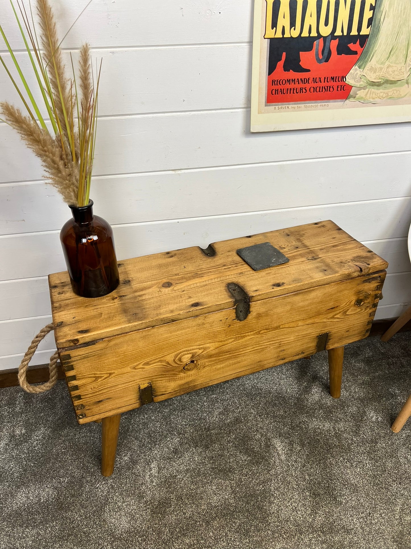 Vintage Rustic Wooden Box Side Table Storage Reclaimed Chest Farmhouse Coffee Table