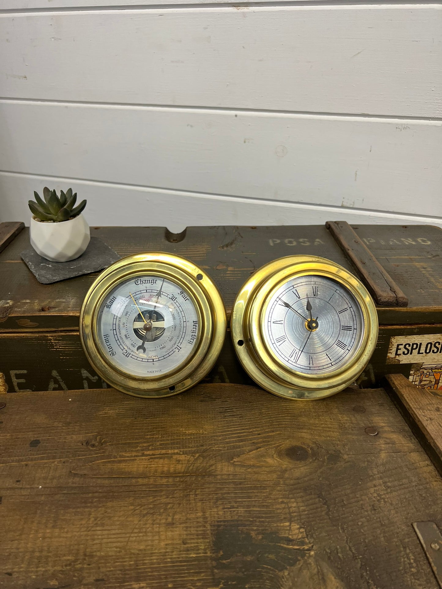 Vintage Brass Ships Barometer & Clock Nautical Marine Decor Display