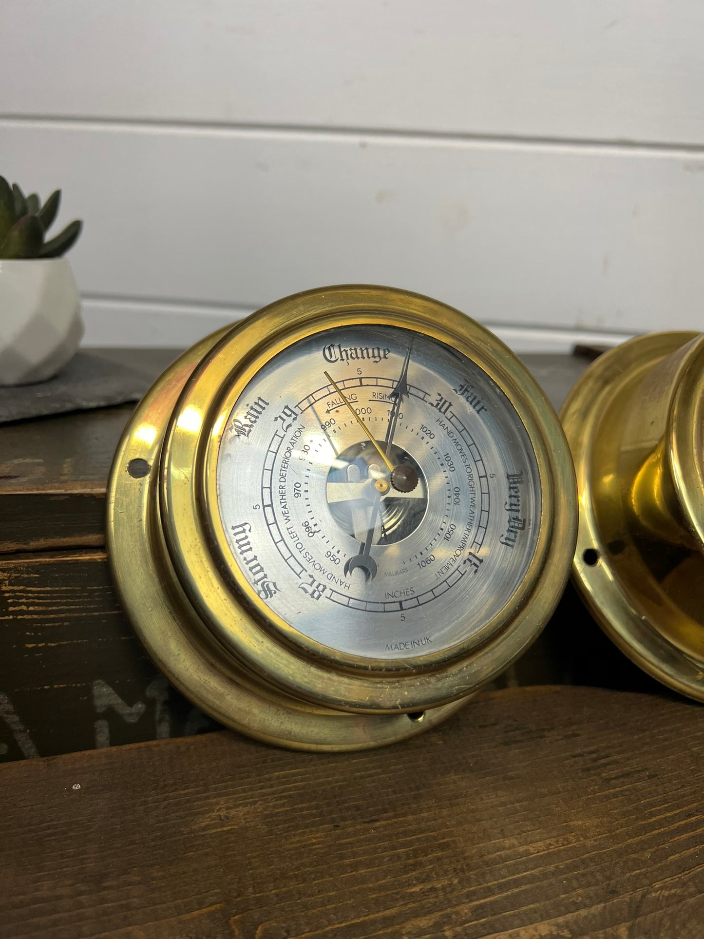 Vintage Brass Ships Barometer & Clock Nautical Marine Decor Display