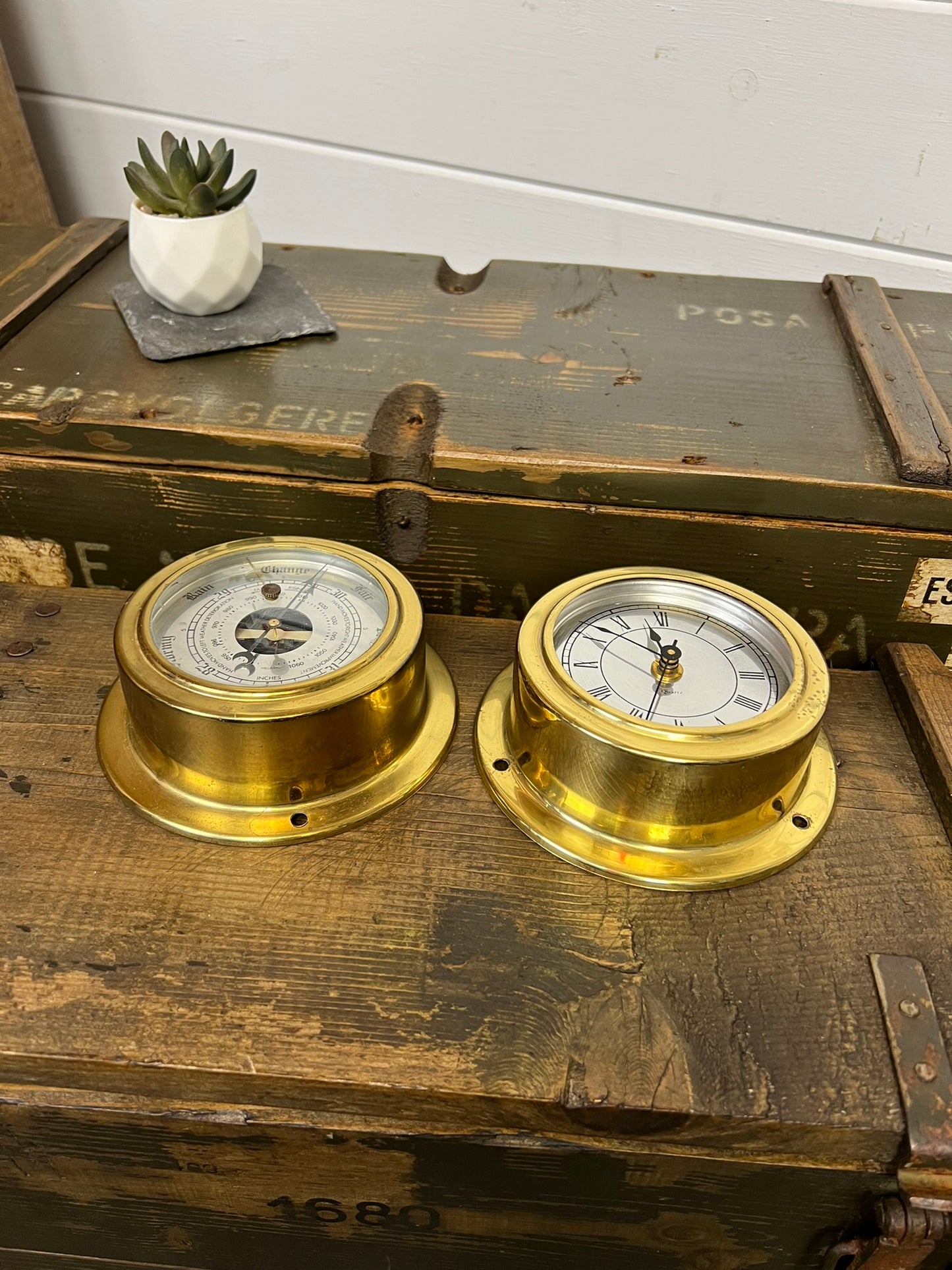 Vintage Brass Ships Barometer & Clock Nautical Marine Decor Display