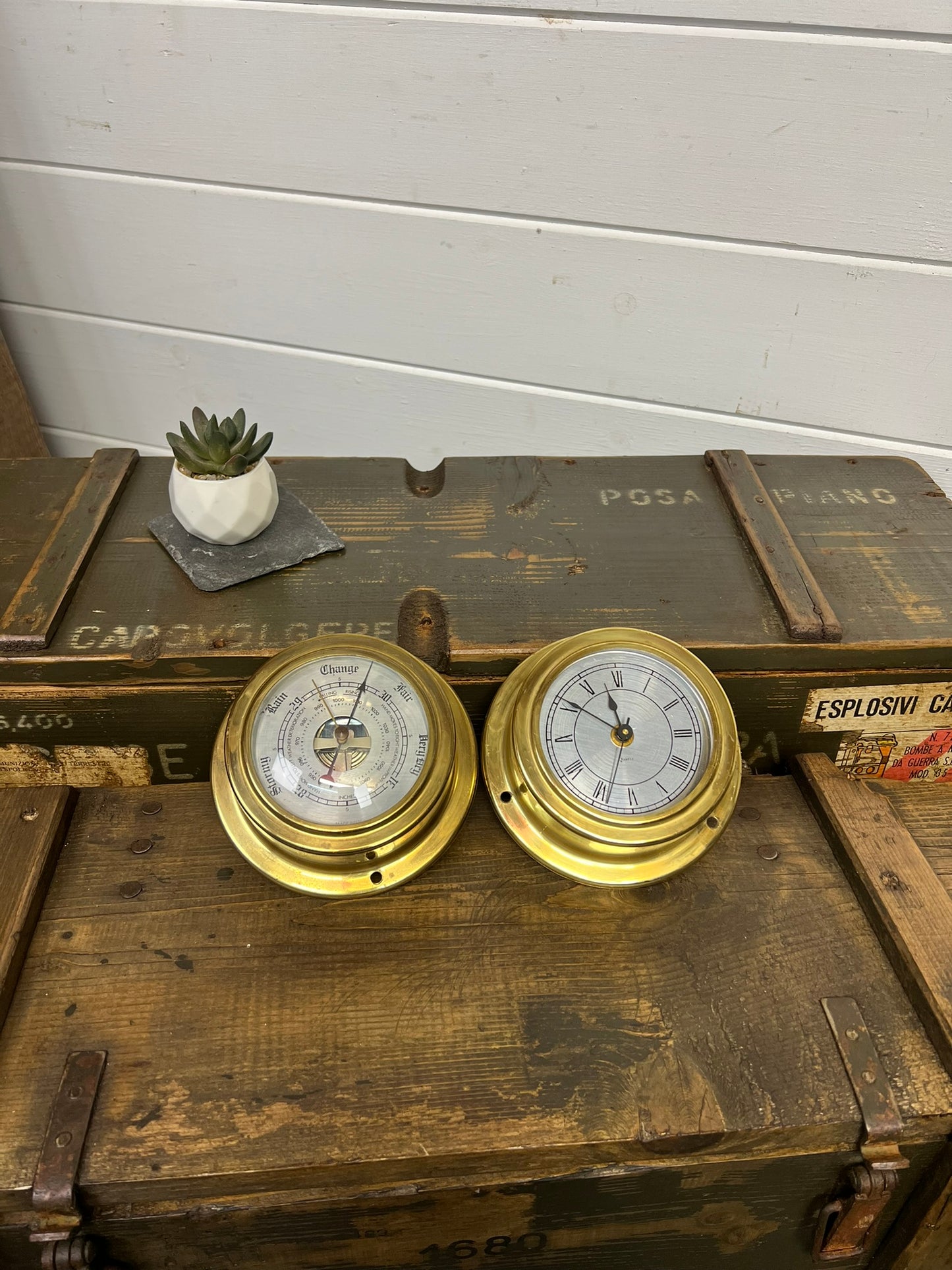 Vintage Brass Ships Barometer & Clock Nautical Marine Decor Display