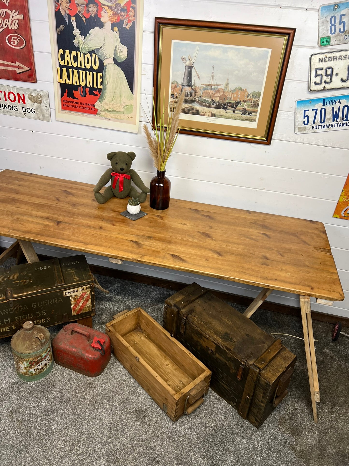 Rustic Industrial Trestle Table Top Wooden Vintage Table Farmhouse Desk Wedding