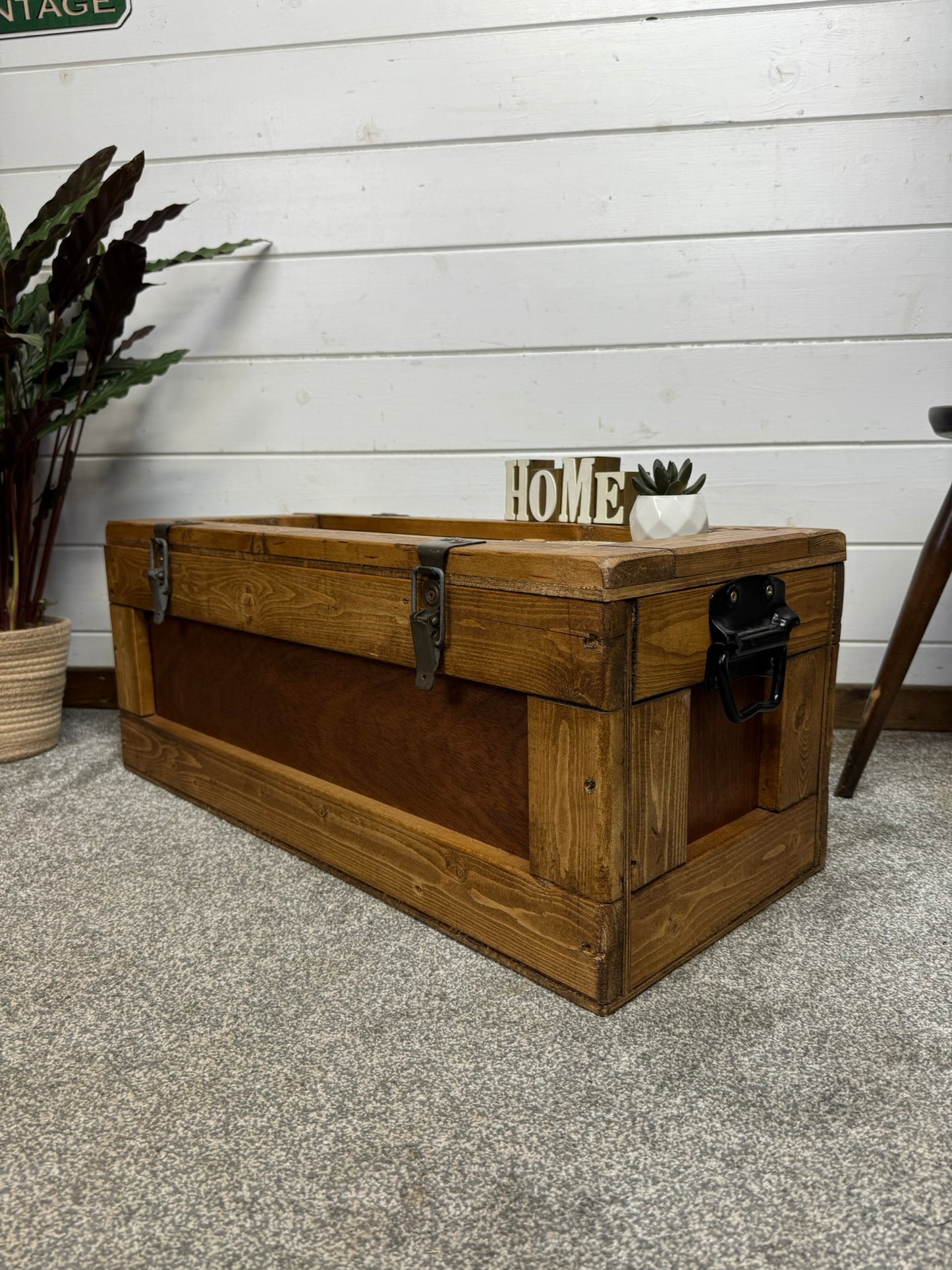 Wooden Military Chest Crate Reclaimed Waxed Storage Box Rustic Industrial Side Table