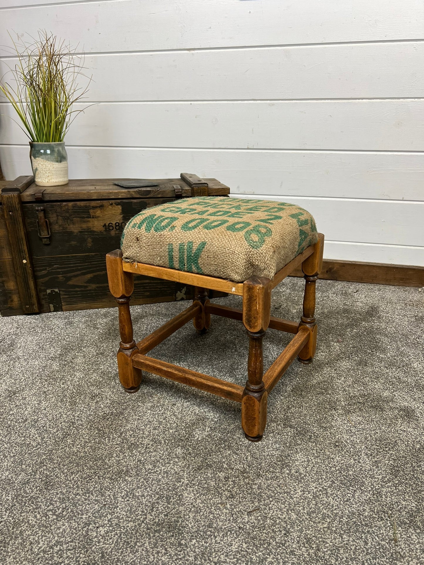 Vintage Square Wooden Stool With Hessian Seat Reclaimed Rustic Farmhouse Boho Bedroom