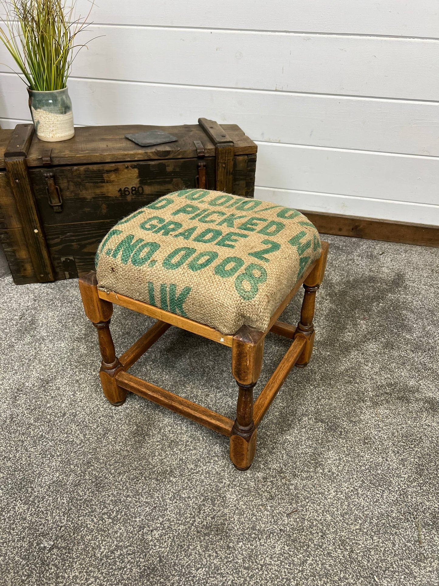 Vintage Square Wooden Stool With Hessian Seat Reclaimed Rustic Farmhouse Boho Bedroom