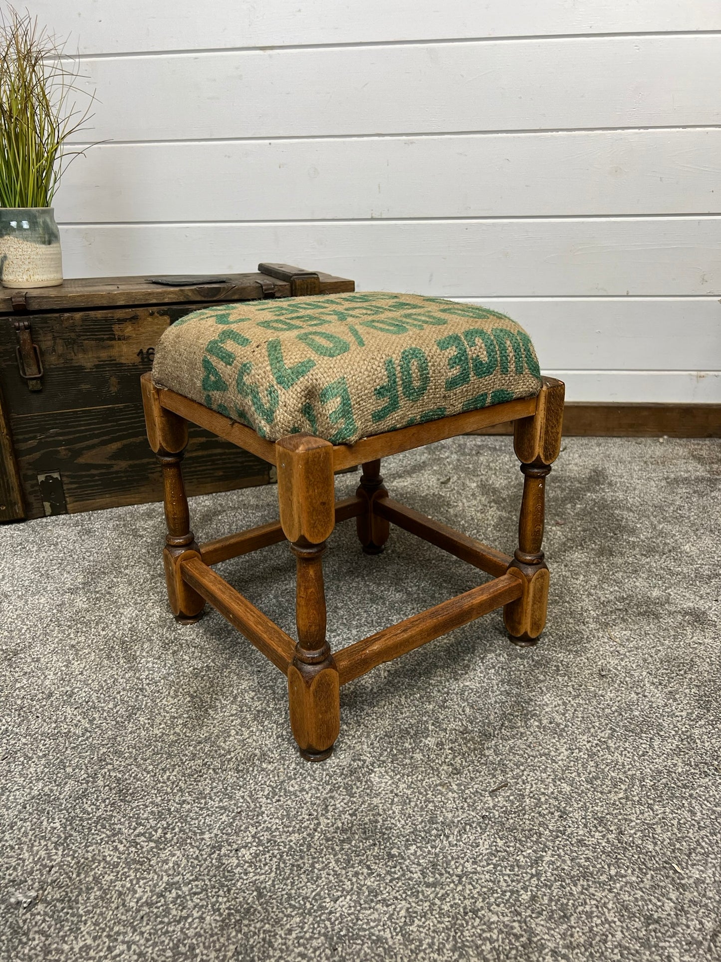 Vintage Square Wooden Stool With Hessian Seat Reclaimed Rustic Farmhouse Boho Bedroom