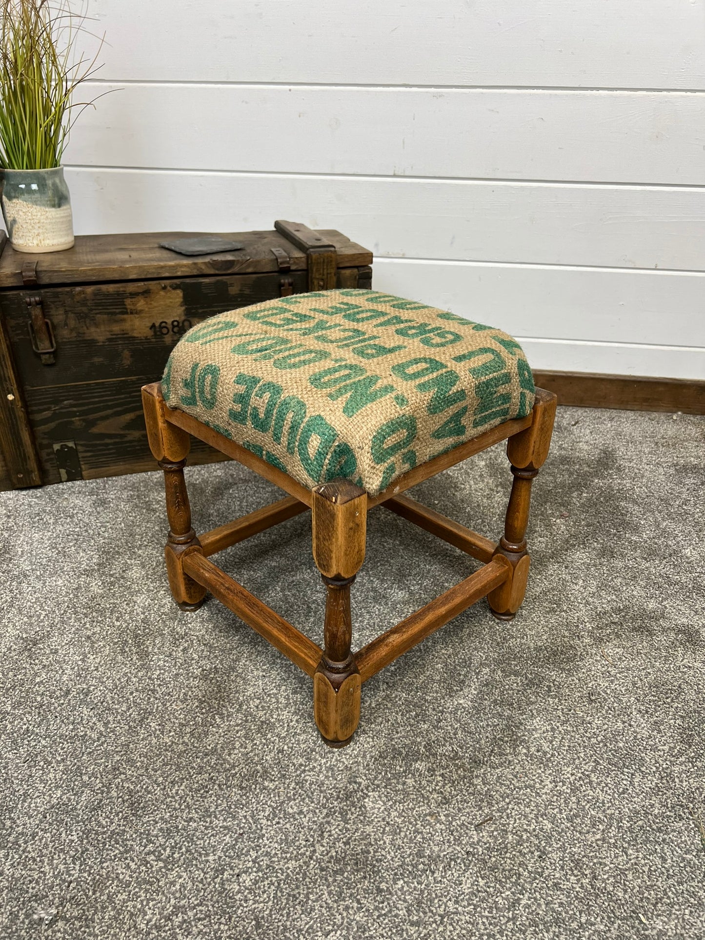 Vintage Square Wooden Stool With Hessian Seat Reclaimed Rustic Farmhouse Boho Bedroom