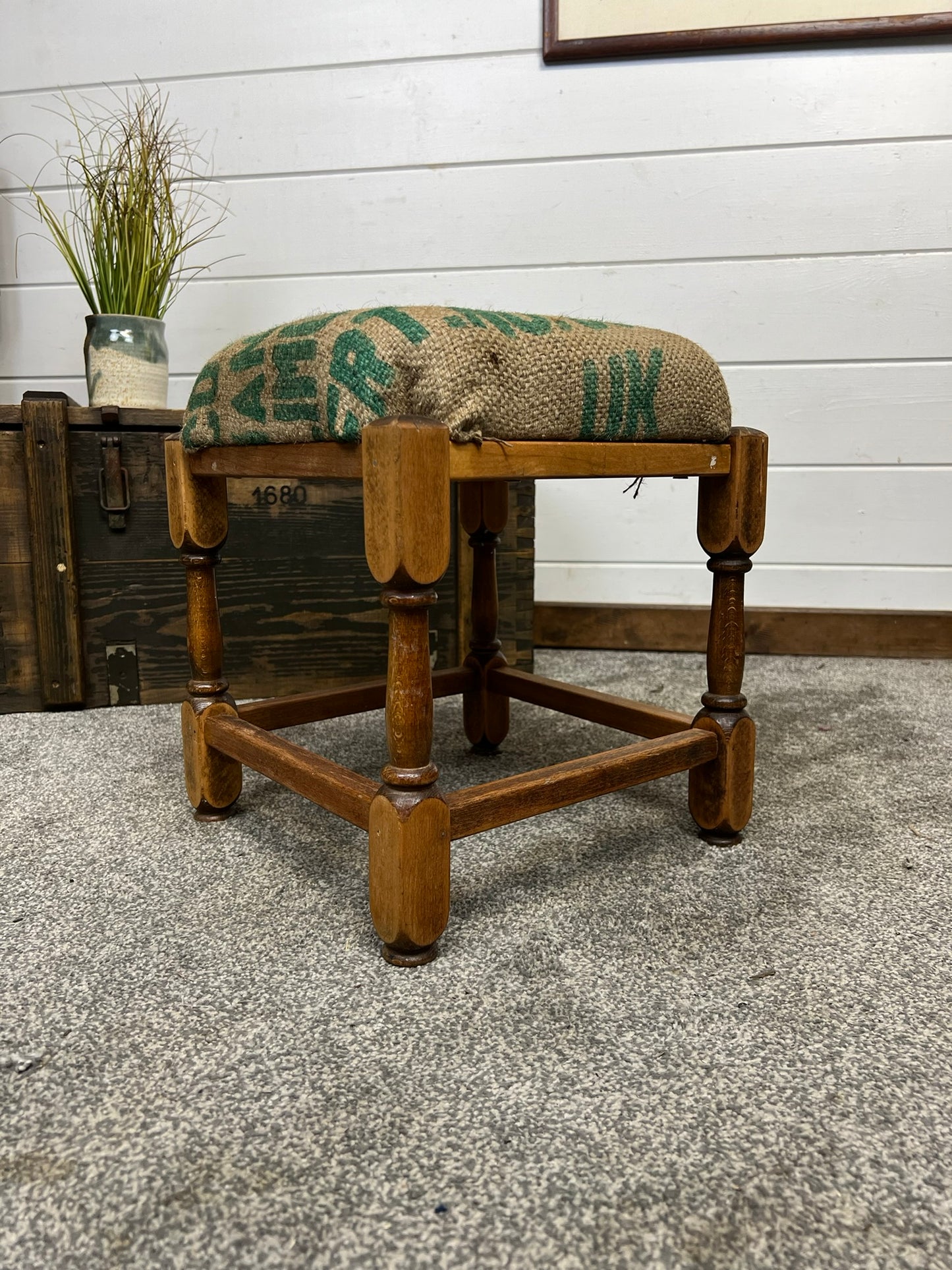 Vintage Square Wooden Stool With Hessian Seat Reclaimed Rustic Farmhouse Boho Bedroom