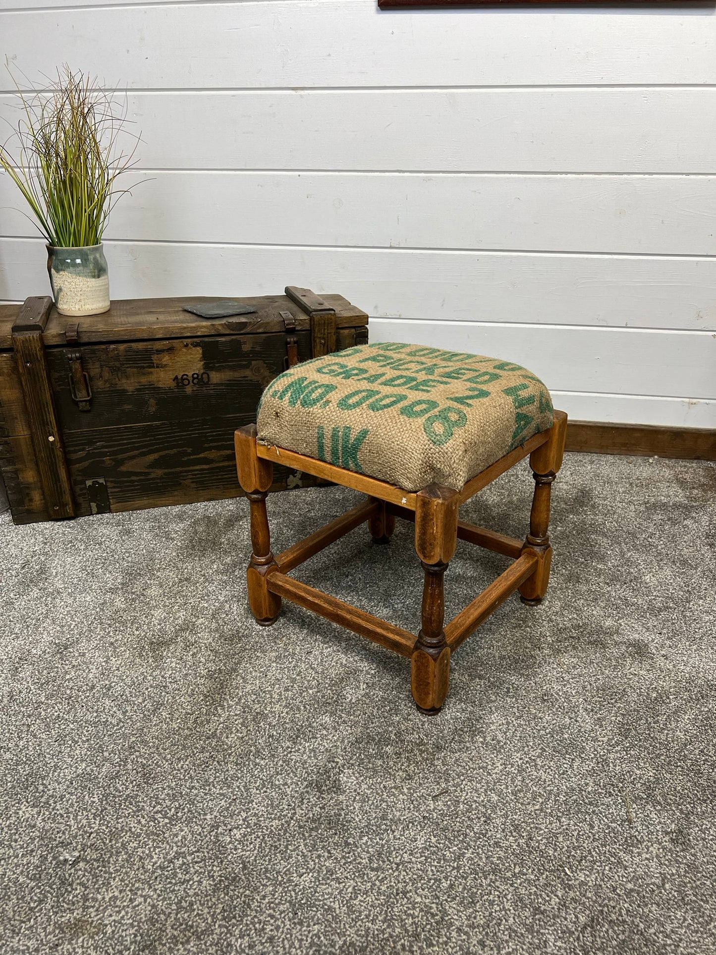 Vintage Square Wooden Stool With Hessian Seat Reclaimed Rustic Farmhouse Boho Bedroom