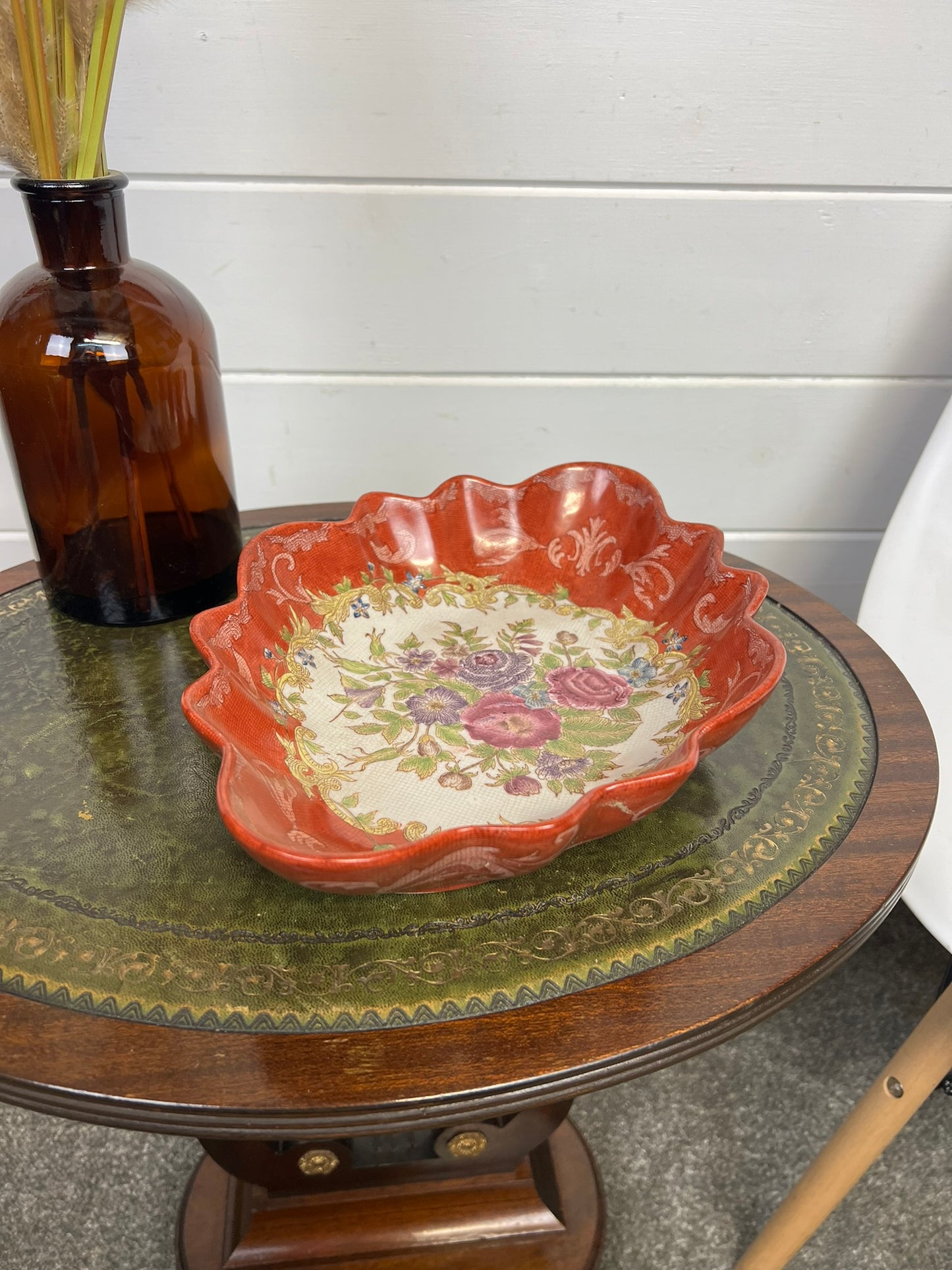 Vintage Floral Ceramic Oval Bowl Serving Dish Boho Art Nouveau Deco