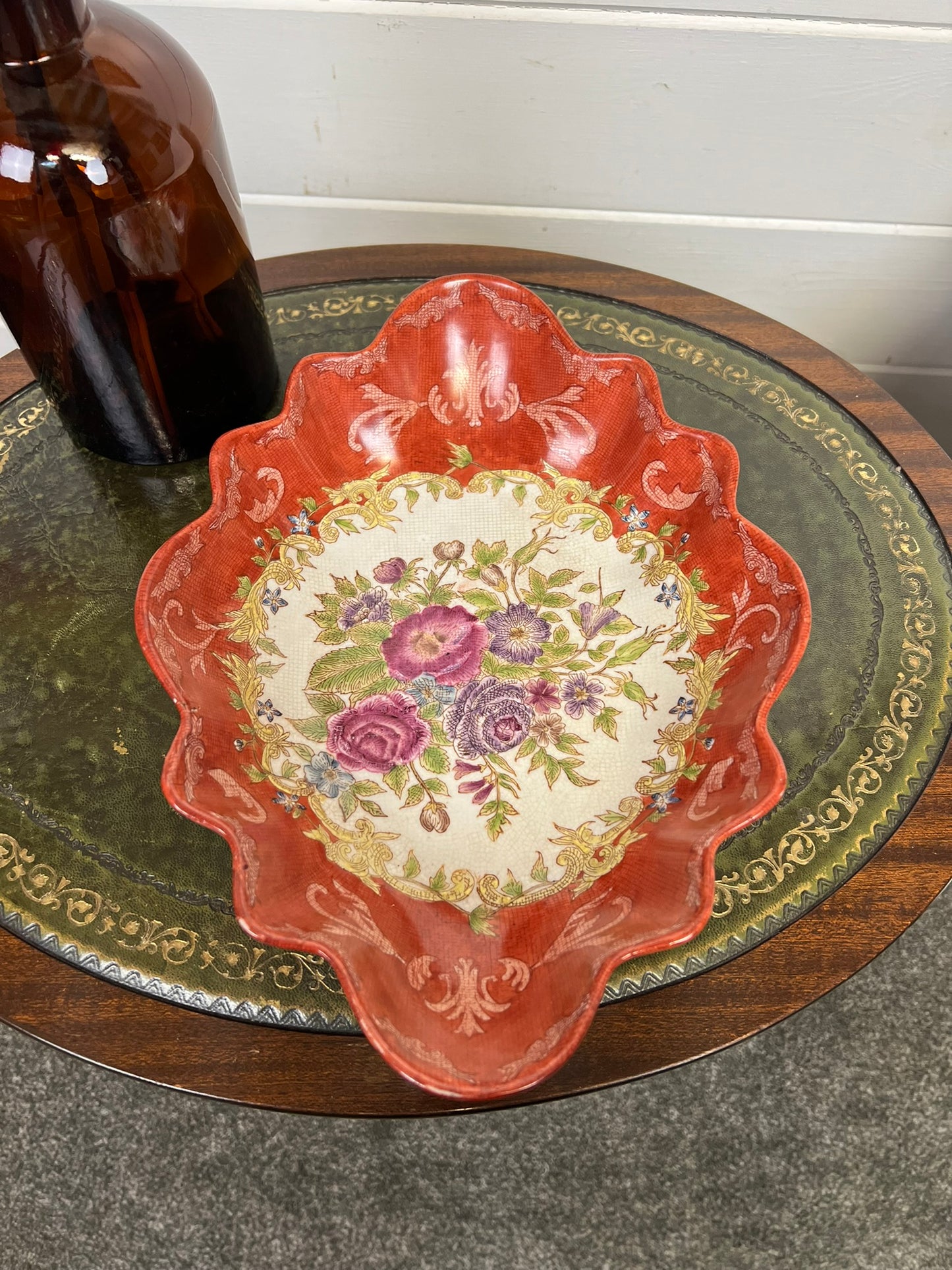 Vintage Floral Ceramic Oval Bowl Serving Dish Boho Art Nouveau Deco