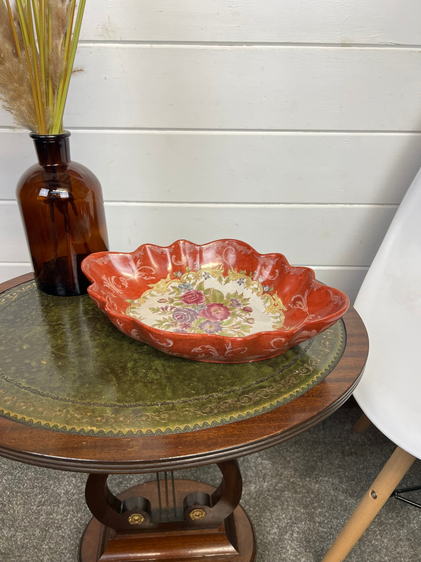 Vintage Floral Ceramic Oval Bowl Serving Dish Boho Art Nouveau Deco