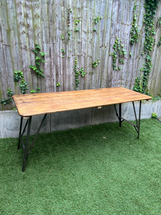 Rustic Vintage Wooden Folding Trestle Table Metal Legs Industrial Farmhouse Dining Garden Reclaimed Army