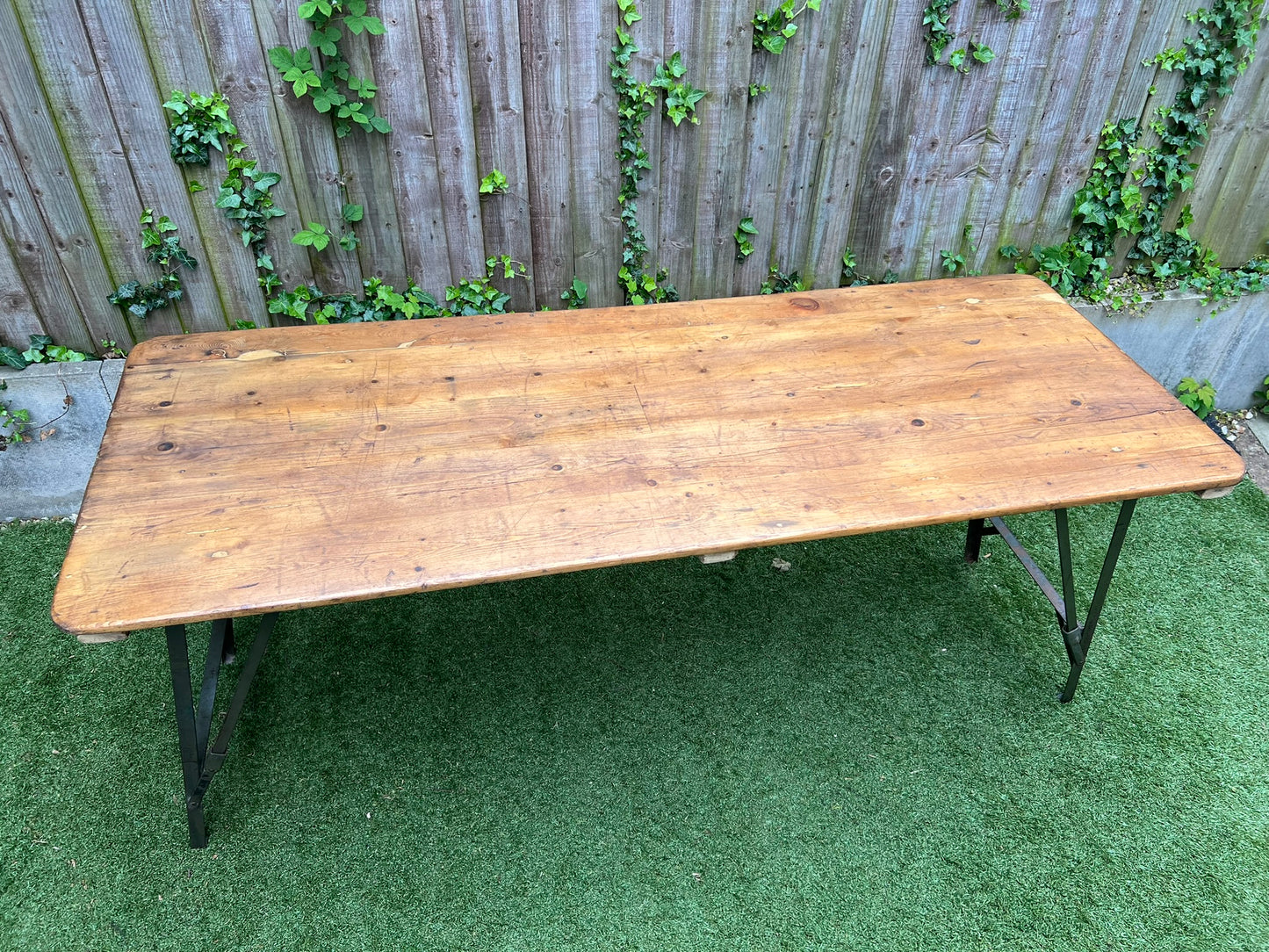 Rustic Vintage Wooden Folding Trestle Table Metal Legs Industrial Farmhouse Dining Garden Reclaimed Army