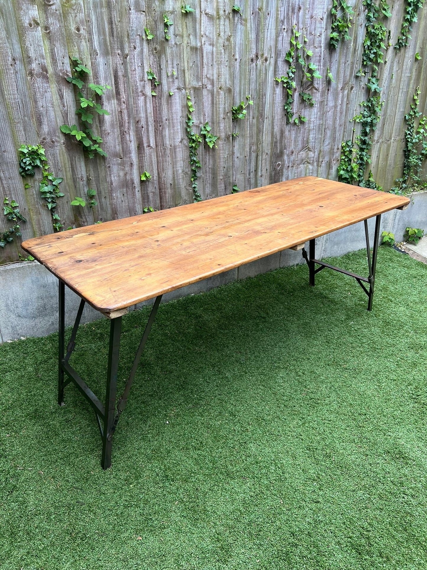 Rustic Vintage Wooden Folding Trestle Table Metal Legs Industrial Farmhouse Dining Garden Reclaimed Army