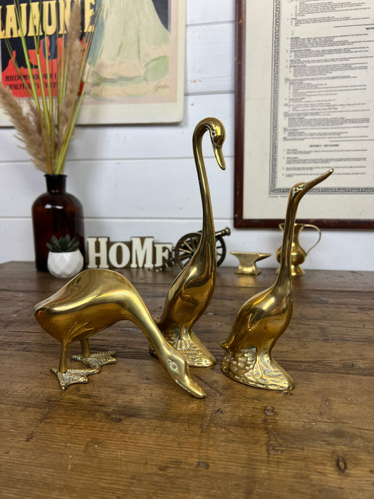 3x Large Vintage Brass Geese Goose Ornaments Figurines Rustic Farmhouse Shelf Decor