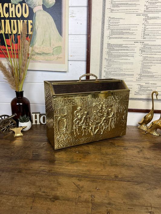 Vintage Brass Double Magazine Rack Newspaper Holder Tavern Scene Art Deco Farmhouse Decor