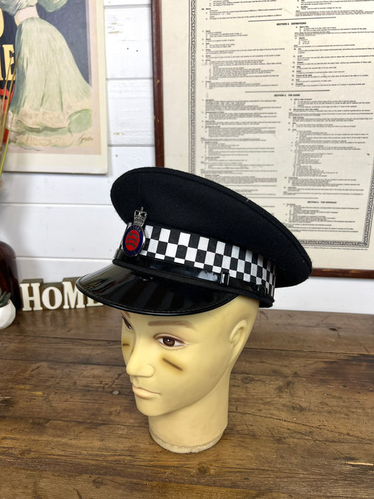 Vintage Ex British Police Black Peak Cap 57cm Obsolete Essex Badge Collector Film Prop Display