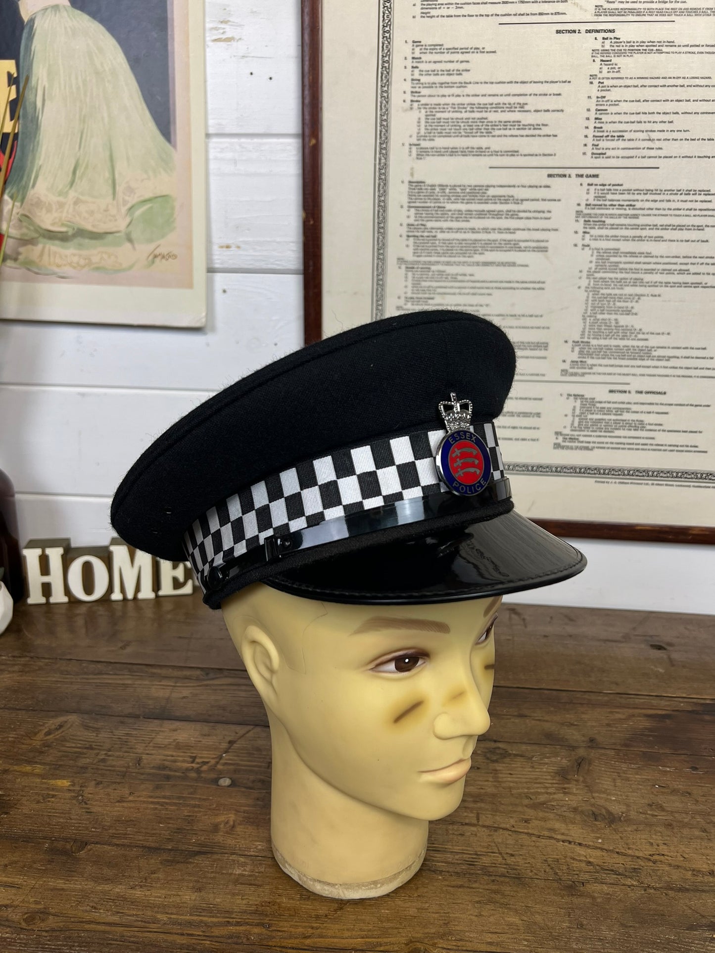 Vintage Ex British Police Black Peak Cap 57cm Obsolete Essex Badge Collector Film Prop Display