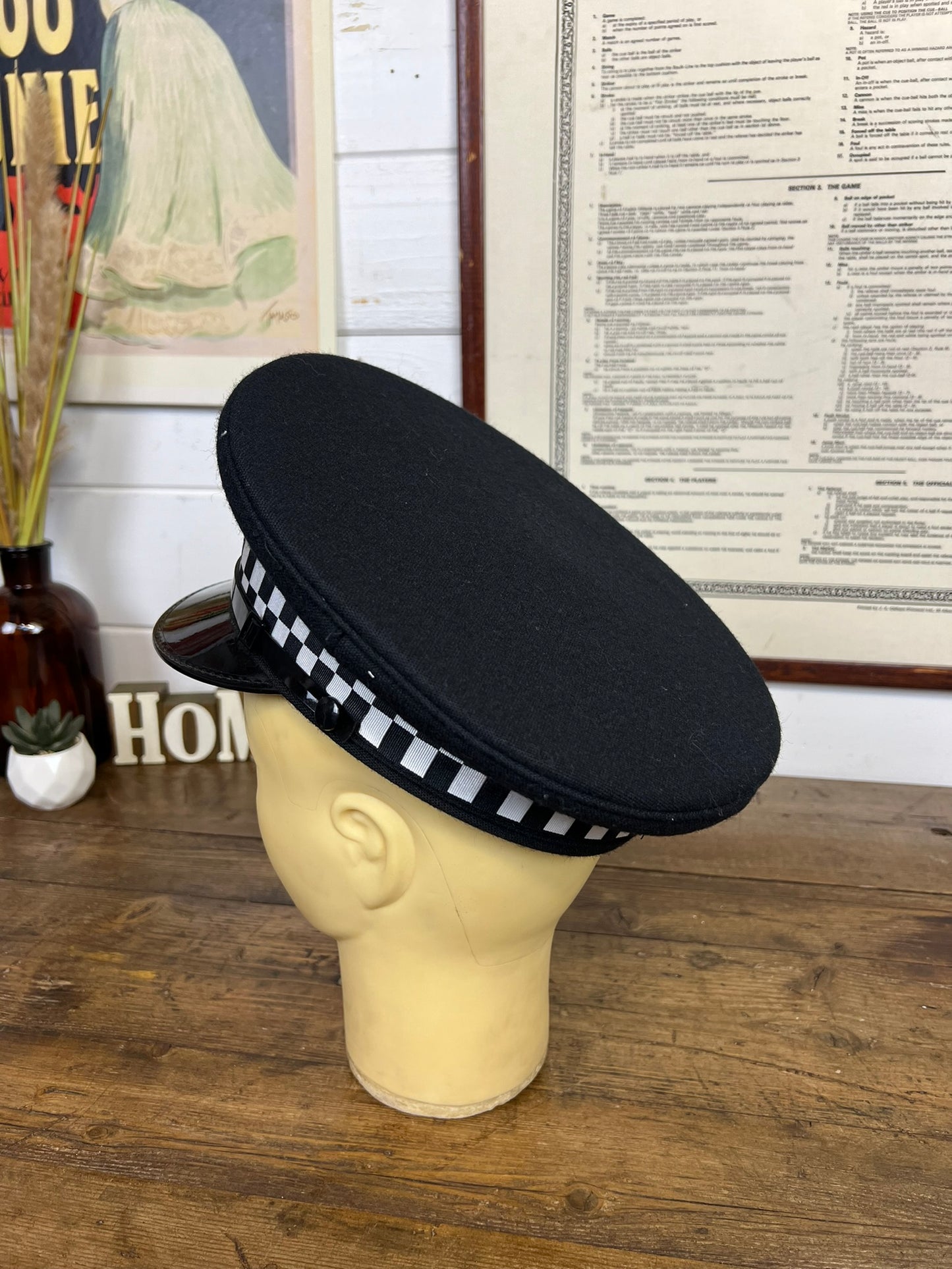 Vintage Ex British Police Black Peak Cap 57cm Obsolete Essex Badge Collector Film Prop Display