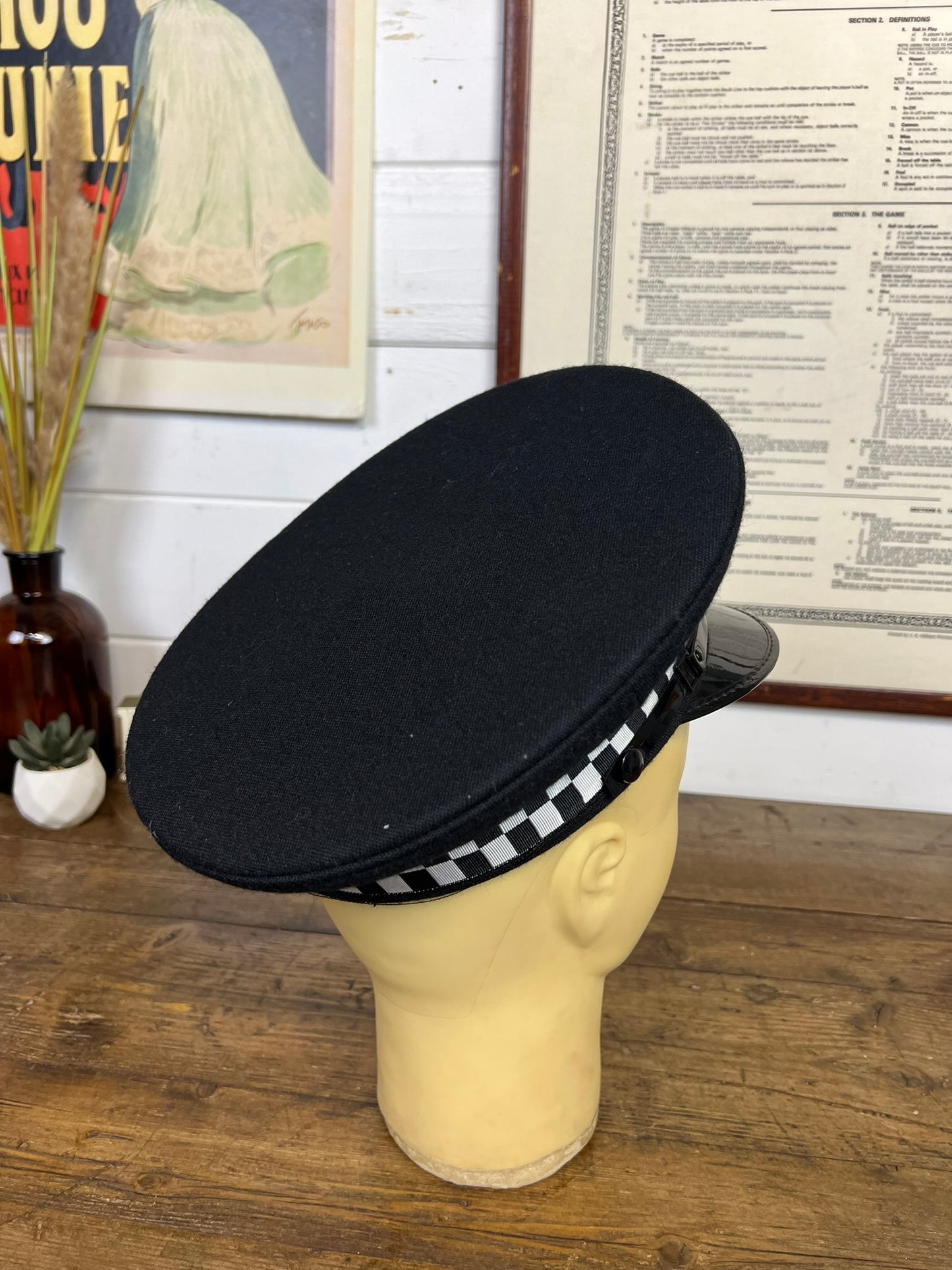 Vintage Ex British Police Black Peak Cap 57cm Obsolete Essex Badge Collector Film Prop Display